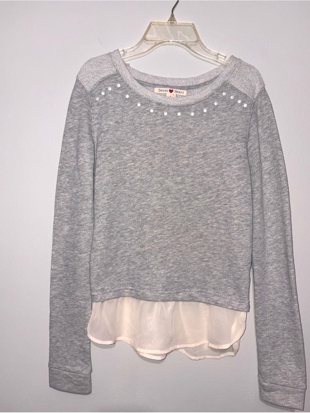 Derek Heart Gray Crewneck with Cream Chiffon Hem and Pearl-colored Accents